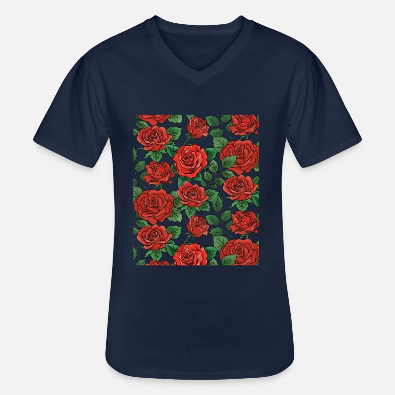 Motif Roses - T-shirt col V Homme - marine