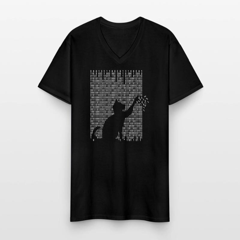 Cat plays with binary code Men's V-Neck T-Shirt