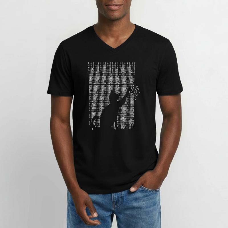 Cat plays with binary code Men's V-Neck T-Shirt