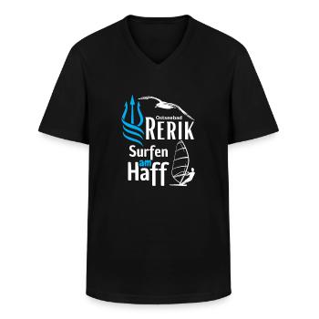 Rerik surfing at the lagoon-Baltic Sea resort Rerik-Salzhaff - Men's V-Neck T-Shirt - black - Front - AI Model Male 178 dark (178cm)