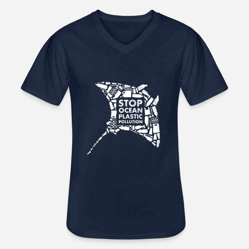 White Stripe Stop Ocean Plastic Pollution - Men's V-Neck T-Shirt - navy