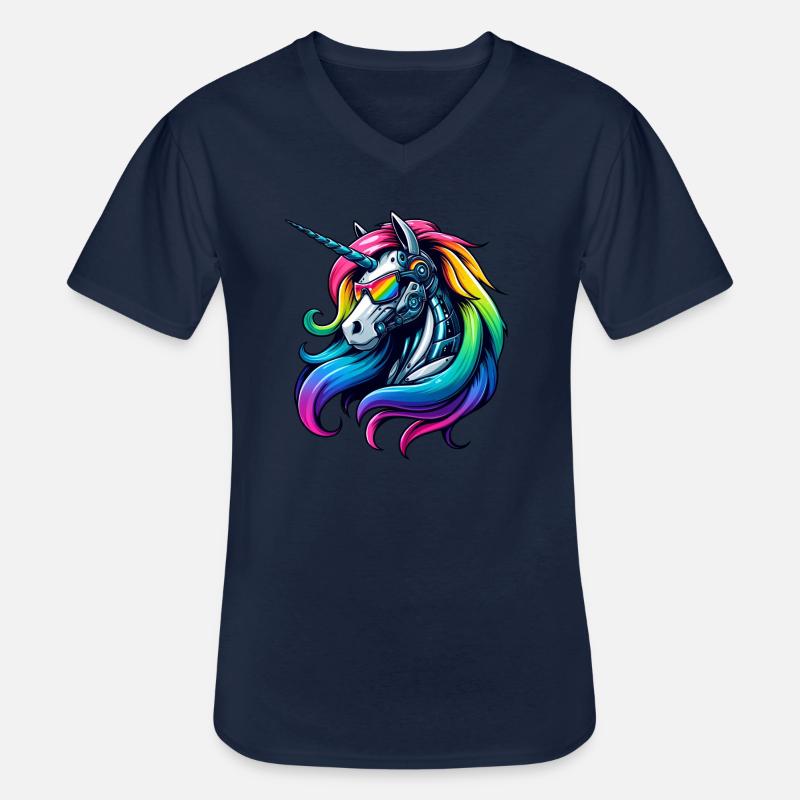 Cooler Cyborg-Einhorn Regenbogen - Männer-T-Shirt mit V-Ausschnitt - Navy