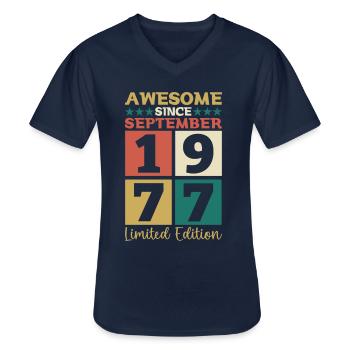 Awesome September 1977 45th Birthday Gift - Men's V-Neck T-Shirt - navy - Front - AI Model Male 178 dark (178cm)