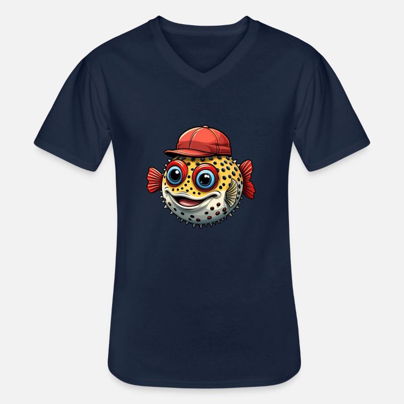 Lustiger Kugelfisch mit roter Basecap - Männer-T-Shirt mit V-Ausschnitt - Navy