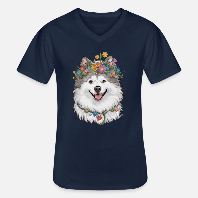 Samojede Hund mit Blumenkrone - Männer-T-Shirt mit V-Ausschnitt - Navy