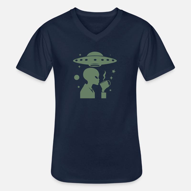 Alien-Silhouette mit Kaffee & UFO - Männer-T-Shirt mit V-Ausschnitt - Navy