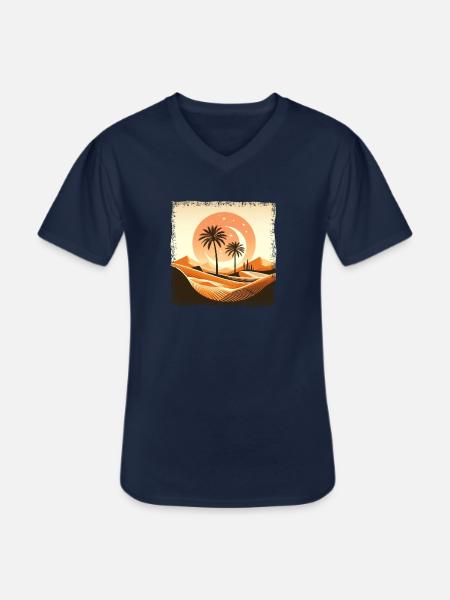 Deserto del Sahara e palma al tramonto - Maglietta da uomo classica con scollo a V - navy