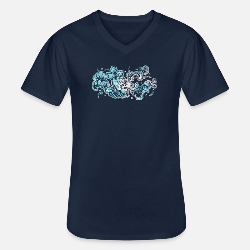 Blauer Blumen-Muster - Männer-T-Shirt mit V-Ausschnitt - Navy