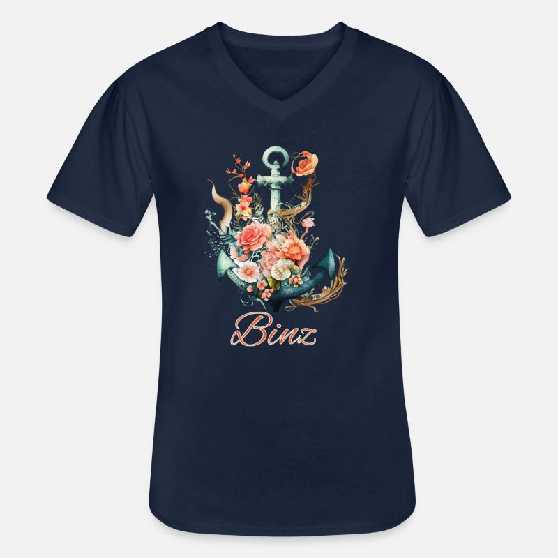 Binz-Anker mit Blumen - Männer-T-Shirt mit V-Ausschnitt - Navy
