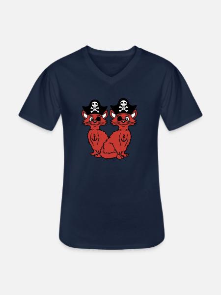 2 Pirate Cats Sabre Buccaneer Eye Patch Team - Klassisk herre T-shirt med V-udskæring - marineblå
