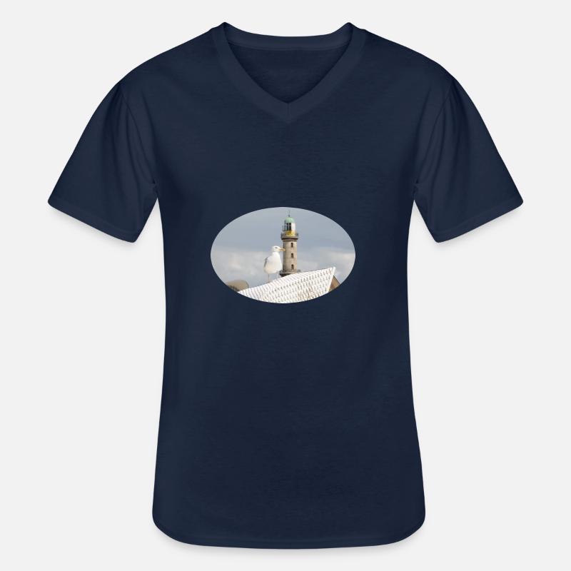 Die Möwe und der Leuchtturm von Warnemünde - Männer-T-Shirt mit V-Ausschnitt - Navy