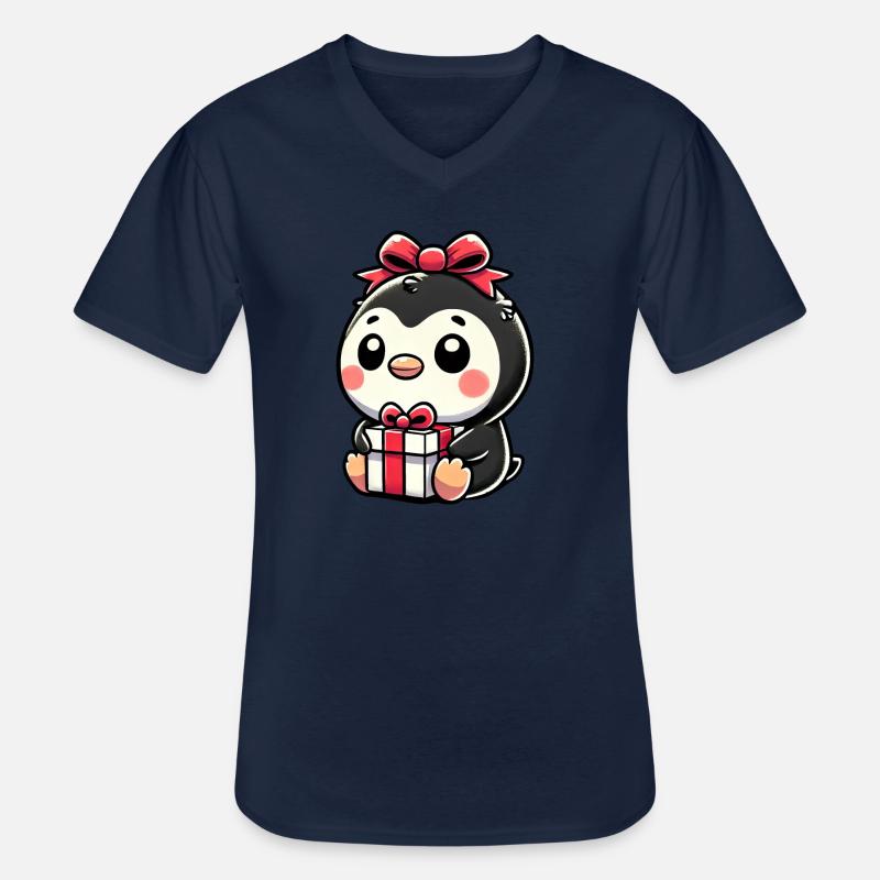 Weihnachtsmann und Pinguin mit Geschenk - Männer-T-Shirt mit V-Ausschnitt - Navy