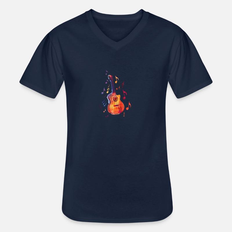 Chitarra acustica stilizzata circondata da note musicali - Maglietta da uomo classica con scollo a V - navy