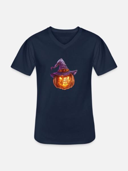 Uhyggelig jack-o'-lanterne med heksehue - Klassisk herre T-shirt med V-udskæring - marineblå