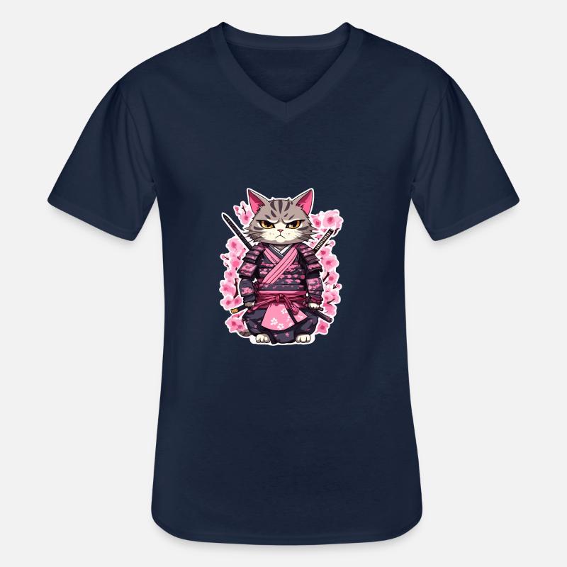 Samurai Cat & Cherry Blossoms #7 - Men's V-Neck T-Shirt - navy