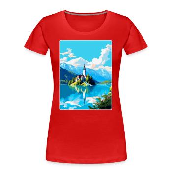 Lac de Bled, Slovénie, Affiche de voyage vintage, Souvenir - T-shirt bio Premium Femme -  - Devant - Mia (176cm)