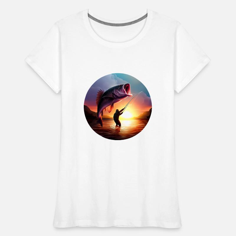 Pêcheur avec coucher de soleil de poisson géant T-shirt bio Premium Femme