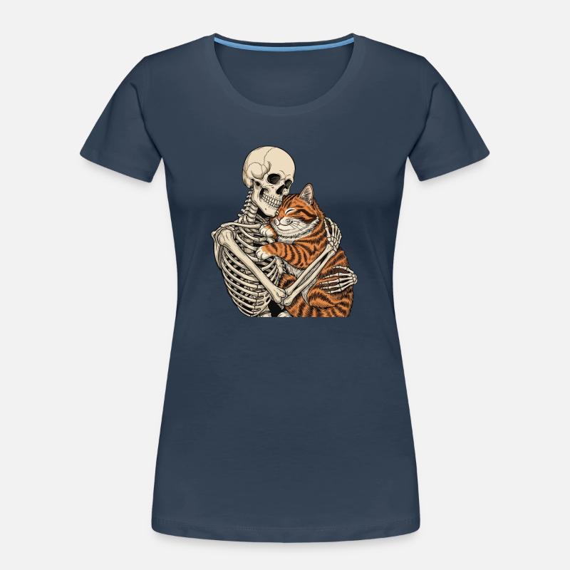 Skeleton Hugging Cat — Spooky Cat Skeleton Cuddle Women's Premium Organic T-Shirt