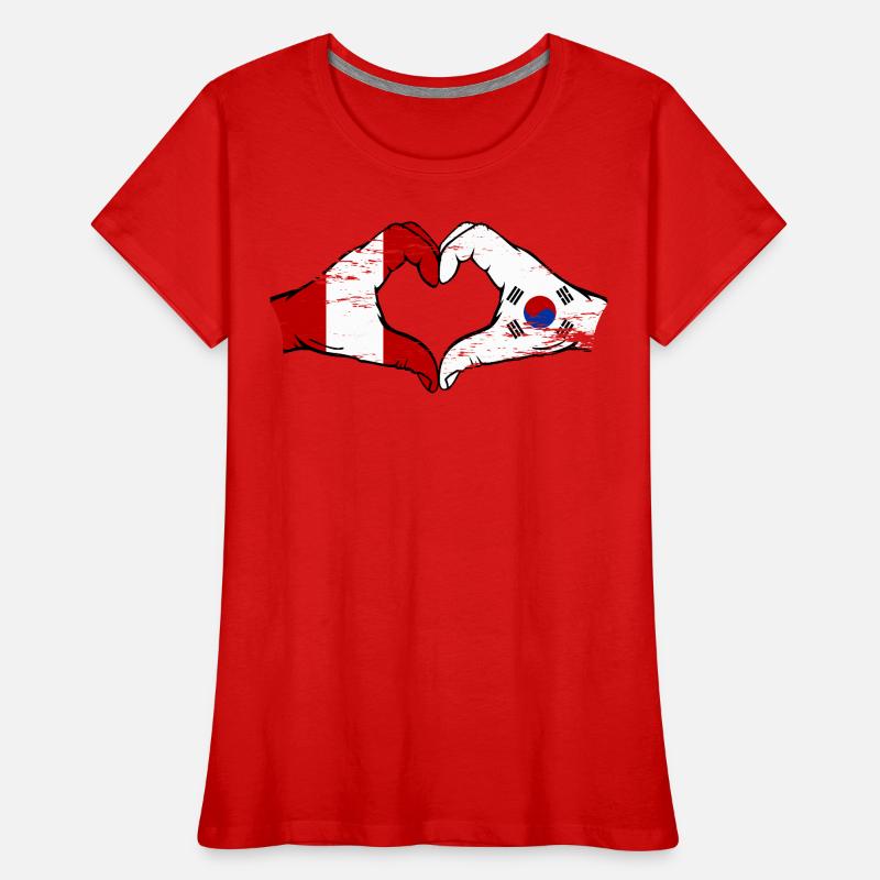 Pérou Corée du Sud Drapeau Mains Coeur Forme Utilisé T-shirt bio Premium Femme