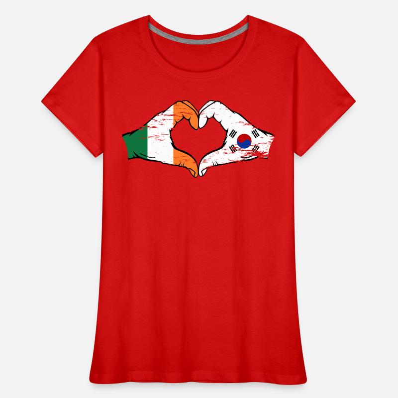 Irlande Corée du Sud Drapeau Mains Coeur Forme Utilisé T-shirt bio Premium Femme