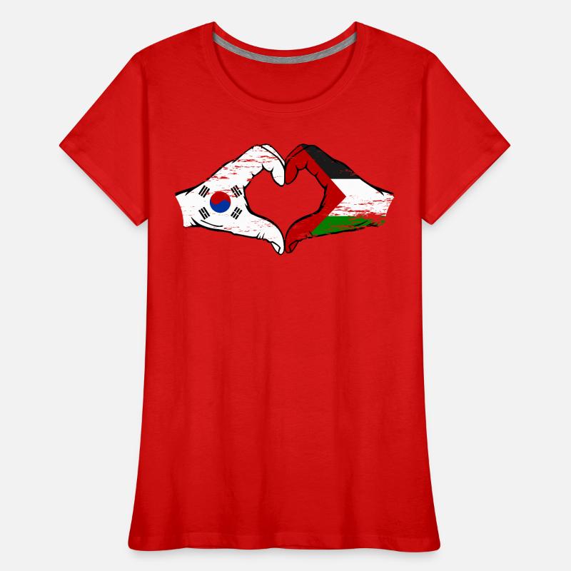 Corée du Sud Palestine Drapeau Mains Coeur Forme Utilisé T-shirt bio Premium Femme