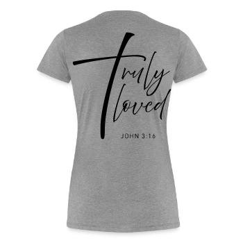 CROSS truly loved - Frauen Premium Bio T-Shirt - Grau meliert - Hinten - Mia (176cm)