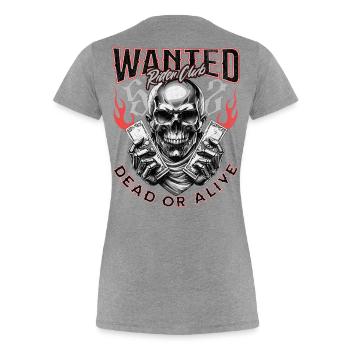Wanted Biker Skull Dead or Alive Motorrad Chopper - Frauen Premium Bio T-Shirt - Grau meliert - Hinten - Mia (176cm)