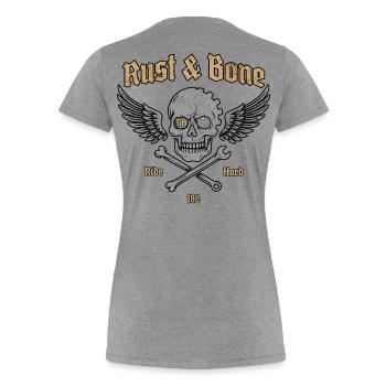Conception de l’aile de crâne de moto en os de rouille - T-shirt bio Premium Femme - gris chiné - Dos - Mia (176cm)