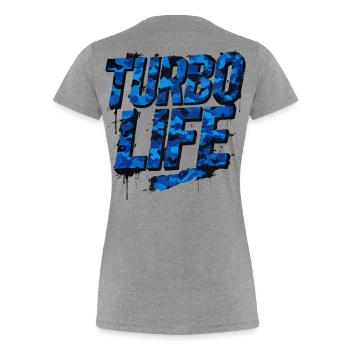 Turbo Life Blue Camo Car Szene Style - Frauen Premium Bio T-Shirt - Grau meliert - Hinten - Mia (176cm)