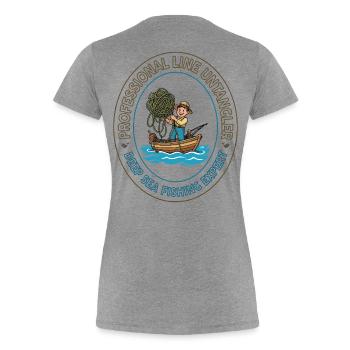 Emblème de l’expert en pêche en haute mer - T-shirt bio Premium Femme - gris chiné - Dos - Mia (176cm)