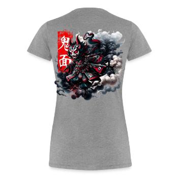 Oni Mask Fearless Spirit - Frauen Premium Bio T-Shirt - Grau meliert - Hinten - Mia (176cm)
