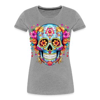 Crâne mexicain, fleurs, crâne, fleurs - T-shirt bio Premium Femme - gris chiné - Devant - Mia (176cm)