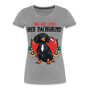Motif floral de cœur de teckel - T-shirt bio Premium Femme - gris chiné - Devant - Mia (176cm)