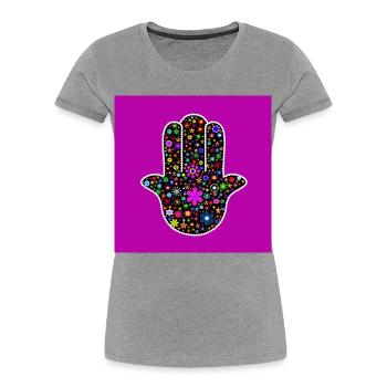 Hand von Fatima mit bunten Blumen - Frauen Premium Bio T-Shirt - Grau meliert - Vorne - Mia (176cm)