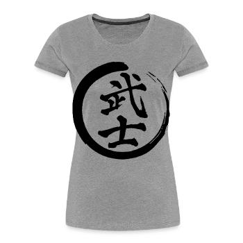 Schwarzes japanisches Kanji für das Wort Krieger - Frauen Premium Bio T-Shirt - Grau meliert - Vorne - Mia (176cm)