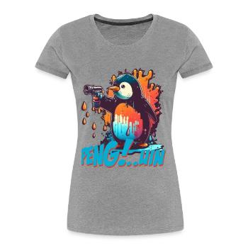 Pen..guin Pinguin mit Pistole - Frauen Premium Bio T-Shirt - Grau meliert - Vorne - Mia (176cm)