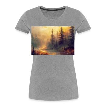 Waldlandschaft Illustration Poster - Frauen Premium Bio T-Shirt - Grau meliert - Vorne - Mia (176cm)
