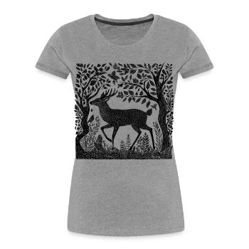 Forêt de cerfs Nature cerf gravure sur bois nature sauvage cadeau - T-shirt bio Premium Femme - gris chiné - Devant - Mia (176cm)
