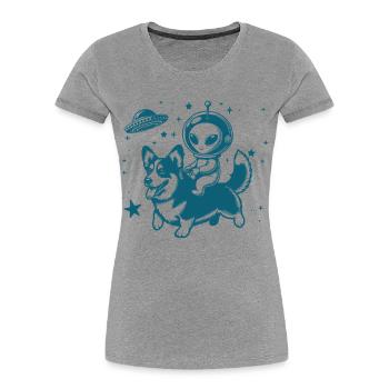 Alien et Corgi Love - T-shirt bio Premium Femme - gris chiné - Devant - Mia (176cm)