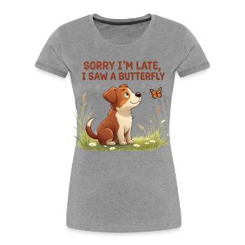 Humorous dog motif with butterfly - Women's Premium Organic T-Shirt - heather grey - Front - Mia (176cm)