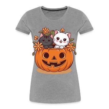 Katzen im Kürbiskopf Halloween Design - Frauen Premium Bio T-Shirt - Grau meliert - Vorne - Mia (176cm)