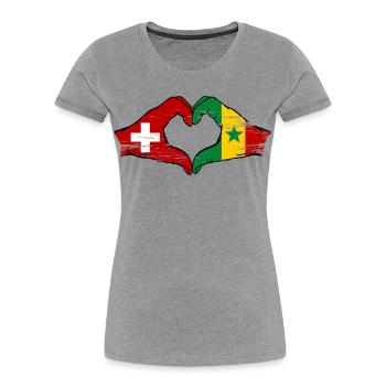 Suisse Sénégal Drapeau Mains Coeur Forme Utilisé - T-shirt bio Premium Femme - gris chiné - Devant - Mia (176cm)