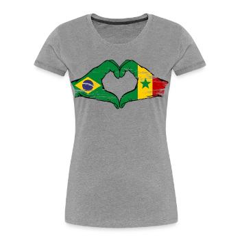 Brésil Sénégal Drapeau Mains Coeur Forme Utilisé - T-shirt bio Premium Femme - gris chiné - Devant - Mia (176cm)