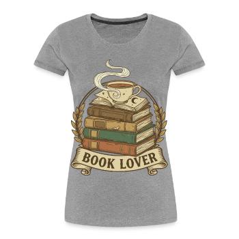 Pile de livres douillette avec tasse à vapeur - T-shirt bio Premium Femme - gris chiné - Devant - Mia (176cm)