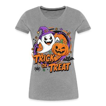 Trick or Treat - Halloween Geist und Kürbis Design - Frauen Premium Bio T-Shirt - Grau meliert - Vorne - Mia (176cm)