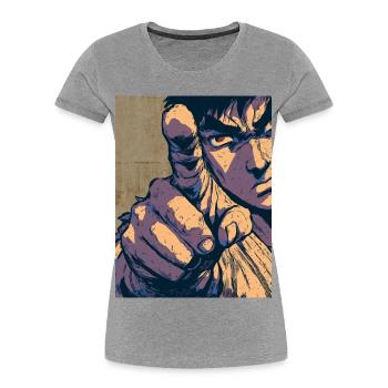 Cartoon Kampfkunst Kämpfer zeigt mit Finger  - Frauen Premium Bio T-Shirt - Grau meliert - Vorne - Mia (176cm)