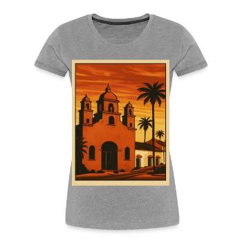 Coucher de soleil, église, palmiers et plage - T-shirt bio Premium Femme - gris chiné - Devant - Mia (176cm)