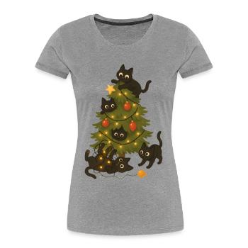 Lustige Katzen, die um den Weihnachtsbaum spielen - Frauen Premium Bio T-Shirt - Grau meliert - Vorne - Mia (176cm)