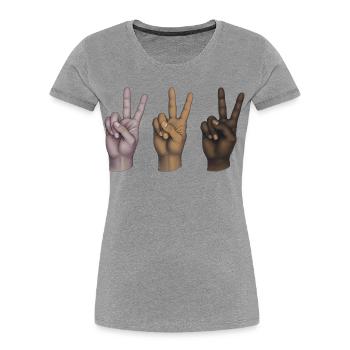 FRIEDEN HÄNDE ALLE GLEICH – Frieden & Liebe - Frauen Premium Bio T-Shirt - Grau meliert - Vorne - Mia (176cm)