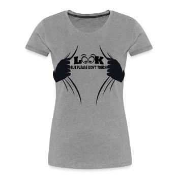 Gucken aber bitte nicht anfassen - Frauen Premium Bio T-Shirt - Grau meliert - Vorne - Mia (176cm)